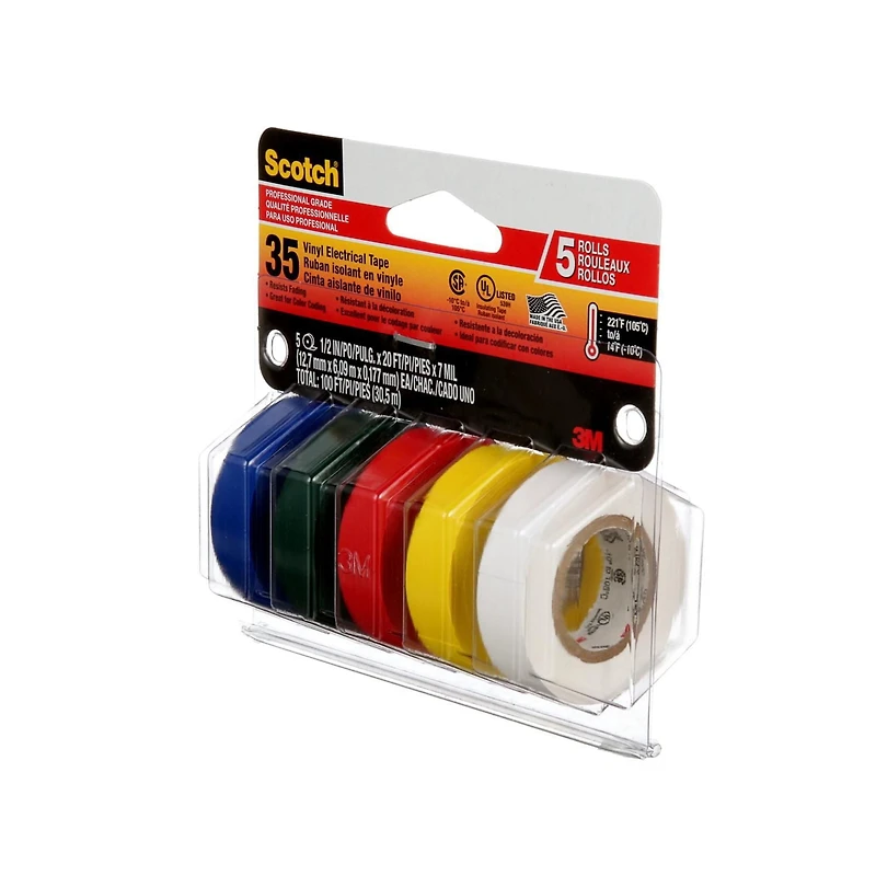 Scotch® 35 Coloured Vinyl Electrical Tapes, 10457DS, assorted colours