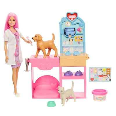 Barbie Fast Cast Veterinarian Clinic Playset with Pink Colored Hair Fashion Doll, Vet Furniture & 10+ Accessories