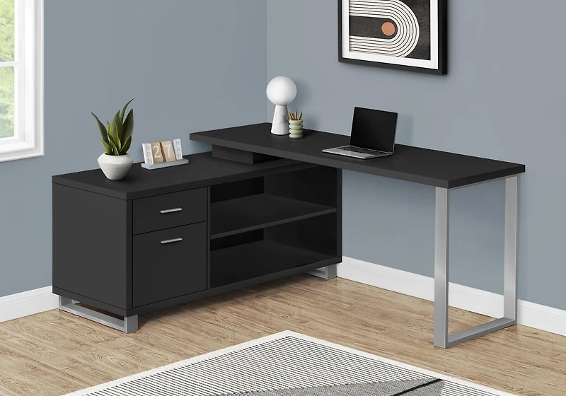 Monarch Specialties Bureau, Bureau À Domicile, Coin, Tiroirs De Rangement, 72"l, Forme De L, Travail, Ordinateur Portable, Métal, Stratifié, Noir, Gris, Contemporain, Moderne