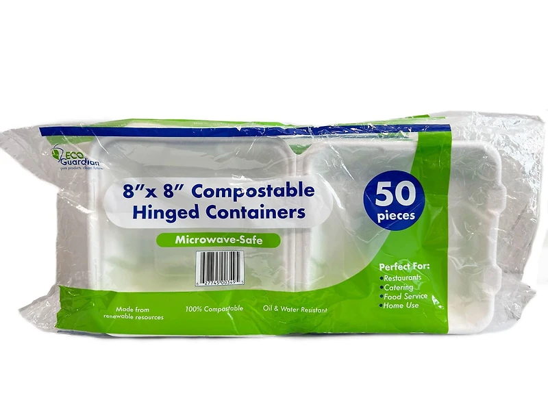 Eco Guardian 8” x 8” Fibre Hinged Container, 8" x 8" Compostable Clamshell