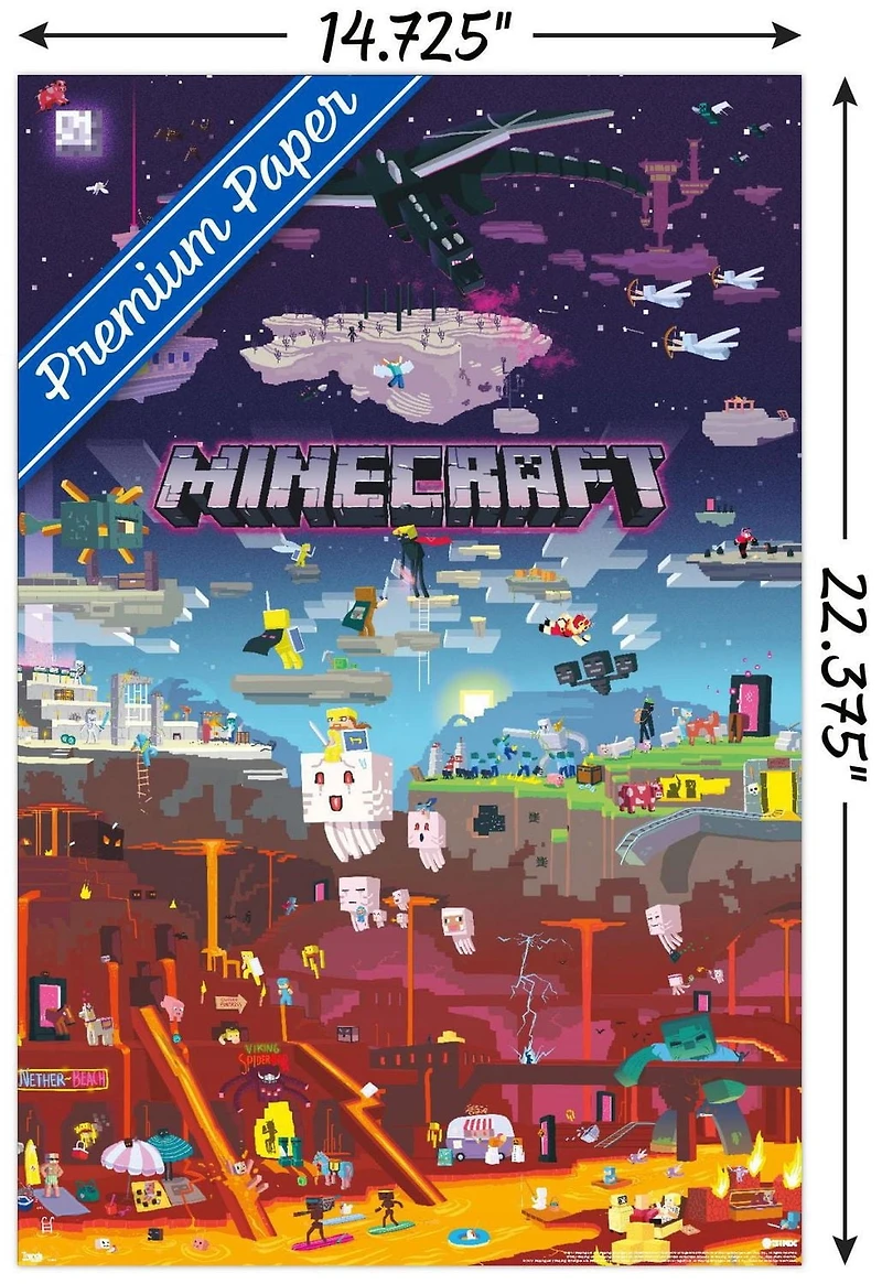 Minecraft - Monde au-delà 22,375" x 34" Affiche Murale avec Cadre Magnétique en Bois de Hêtre, par Trends International