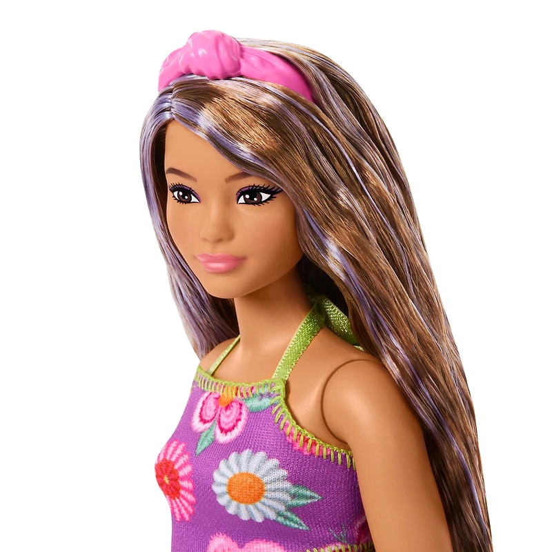 Barbie-Fashionistas-Doll-#244-with-Floral-Halter-Dress,-Purple-Streaked-Brown-Hair