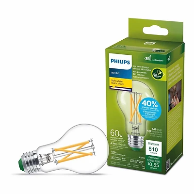 Philips Ultra Efficient LED Bulb 60W A19 1PK Soft White Clear Dimmable Medium Base, Philips UE LED 60W A19