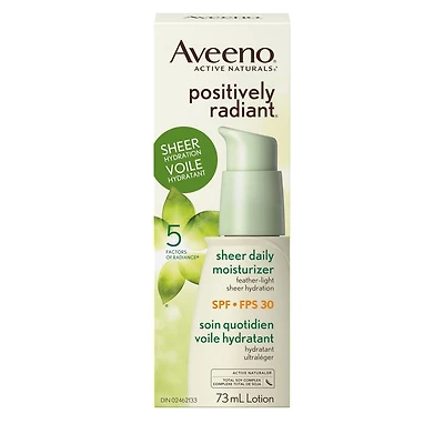 Aveeno Positively Radiant Soin quotidien Voile hydratant FPS 30 avec extrait de soja, Hydratant avec écran solaire, Sans huile et non comédogène, 73 ml