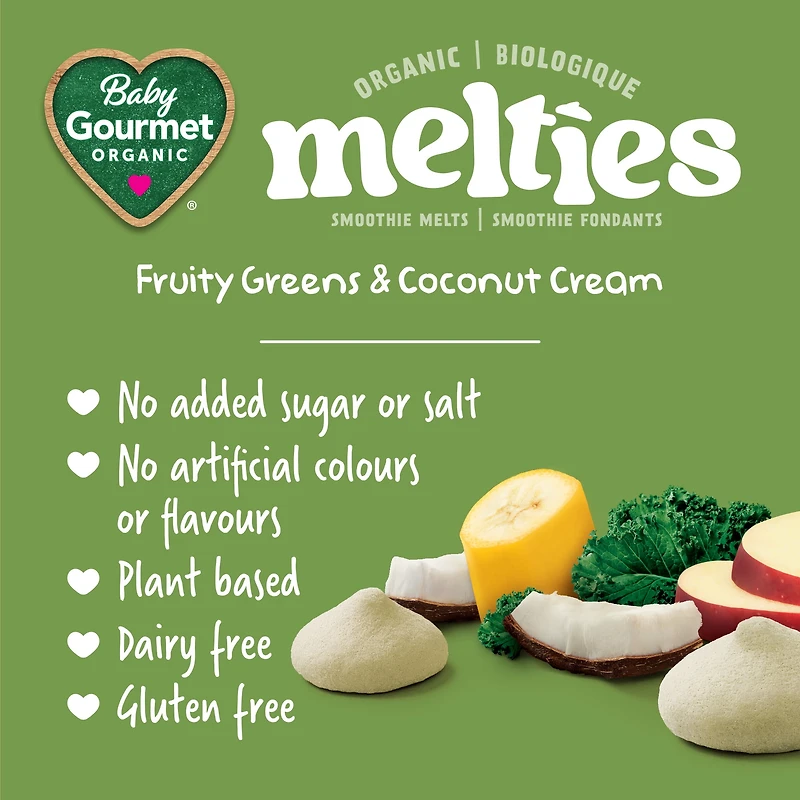 Fondants biologiques Melties légumes verts fruités et crème de noix de coco pour bébé de Baby Gourmet, 8 mois+ Fondants biologiques - 23 g