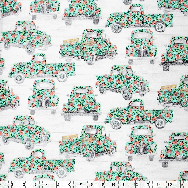 Fabric Creations White with Floral Old Cars Cotton Fabric by the Metre