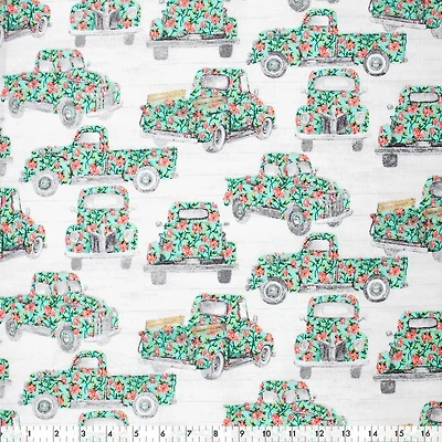 Fabric Creations White with Floral Old Cars Cotton Fabric by the Metre