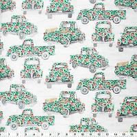Fabric Creations White with Floral Old Cars Cotton Fabric by the Metre