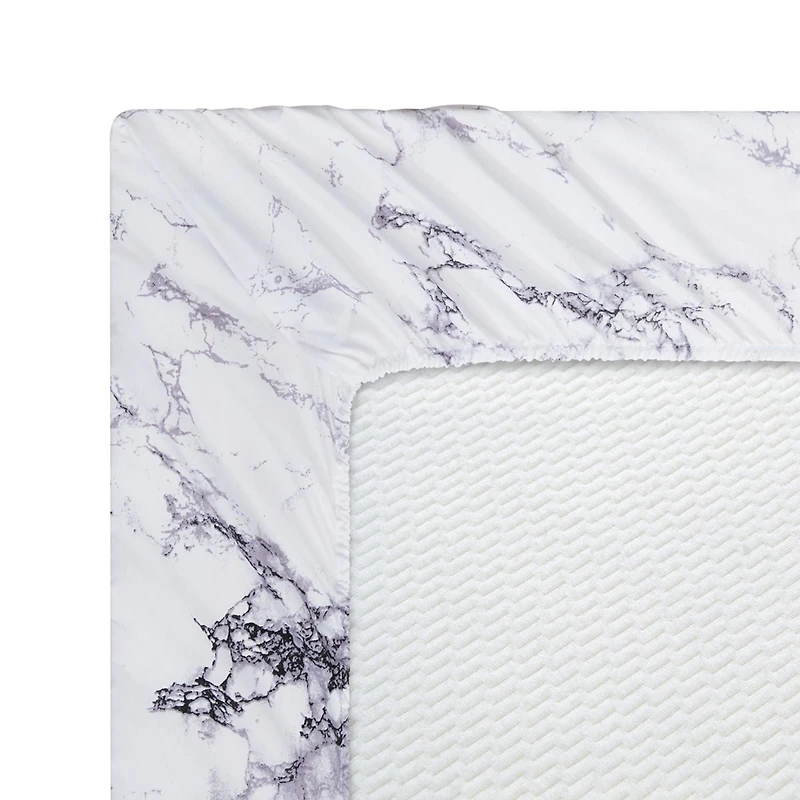 Marina Decoration Printed 600 Thread Count Soft Deep Pocket Hotel Standard Long Staple Cotton Blend Percale All Season Bedding Sheet Set, White Marble Pattern