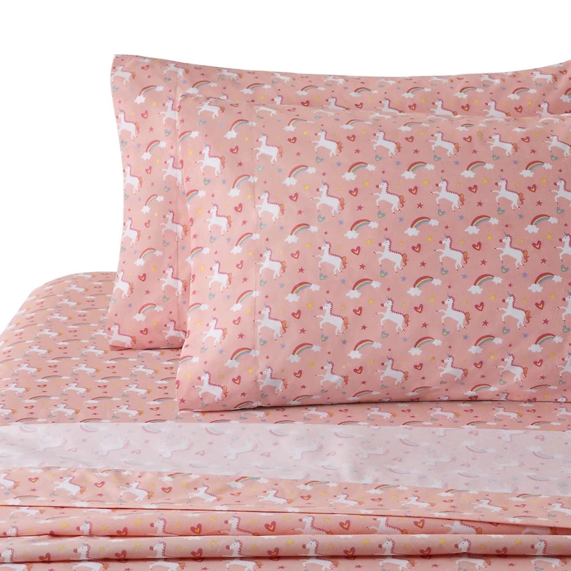 Ensemble de literie Marina Décoration pour enfants et filles, imprimé, en coton doux 600 fils, avec housse de couette et drap-housse, motif licorne rose et arc-en-ciel