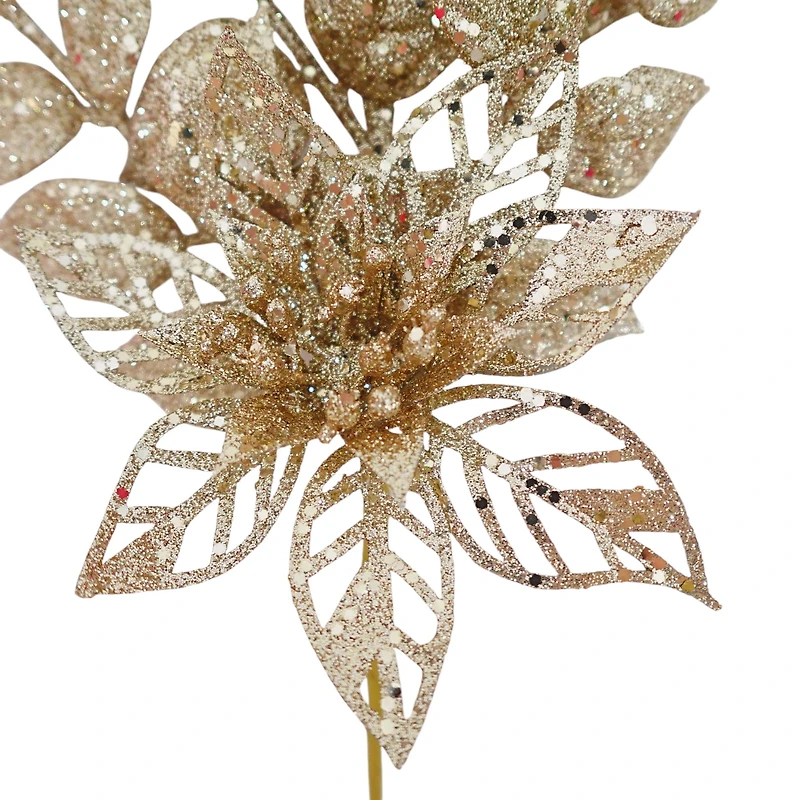Holiday Time Pick De Feuilles Dorées Et Poinsettia 17"