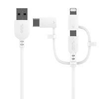 Câble de charge et de synchronisation à trois embouts de 1,8 m (6 pi) avec connecteurs Micro-USB, Lightning et USB-C de Onn.