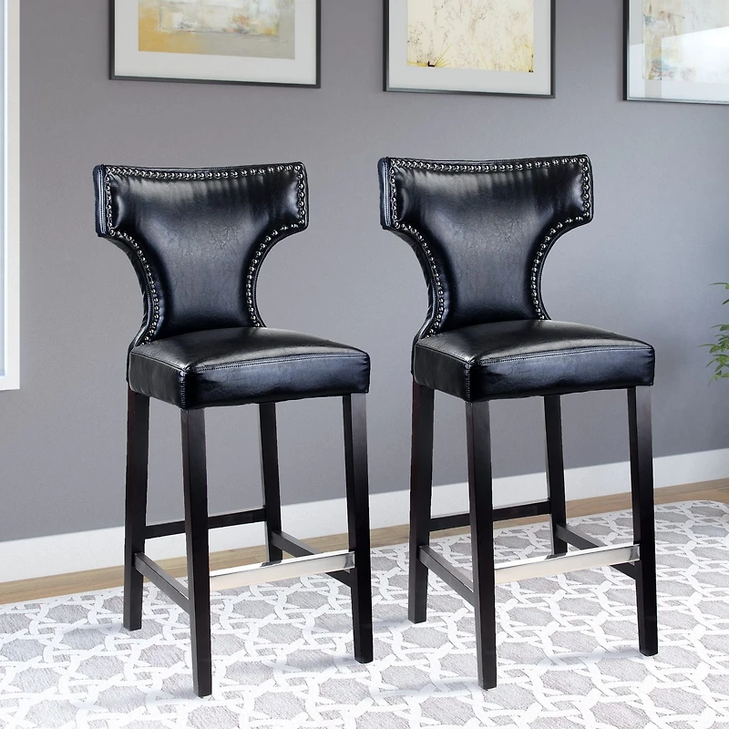 CorLiving Kings Set of 2 Studded Black Faux Leather Upholstered Indoor Bar Height Barstools with Wood Legs