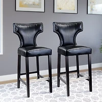 CorLiving Kings Set of 2 Studded Black Faux Leather Upholstered Indoor Bar Height Barstools with Wood Legs