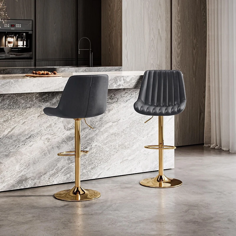 CorLiving Arwen Lot de 2 tabourets de bar d'intérieur en similicuir, rembourrés et réglables en hauteur, base dorée