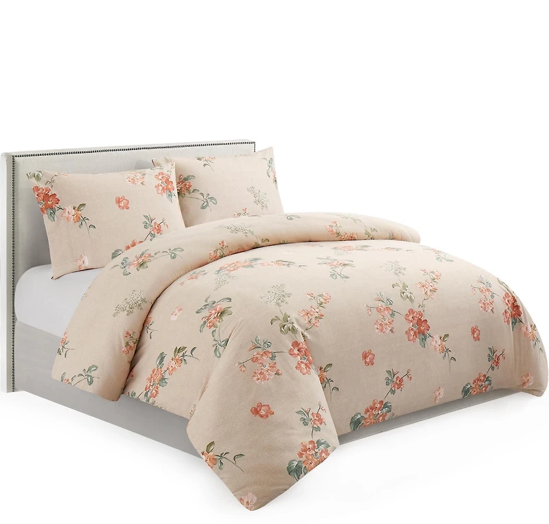 Literie Marina Décoration ultra douce et soyeuse en rayonne de bambou imprimée, toutes saisons, housse de couette, drap-housse, avec fermeture éclair et lien d'angle, motif floral pêche taupe