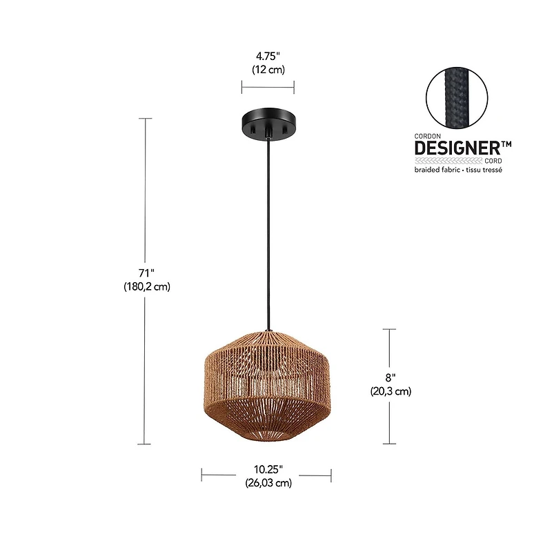 Luminaire suspendu Lotus à 1 ampoule, abat-jour en ficelle naturelle, cordon en tissu noir