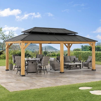 Sunjoy Wood Gazebo 12x20 ft. , Outdoor Patio Steel Hardtop Gazebo, Cedar Framed Wooden Gazebo with 2-tier Metal Roof, Suitable for Patios, Lawn, and Backyard, Dark Brown