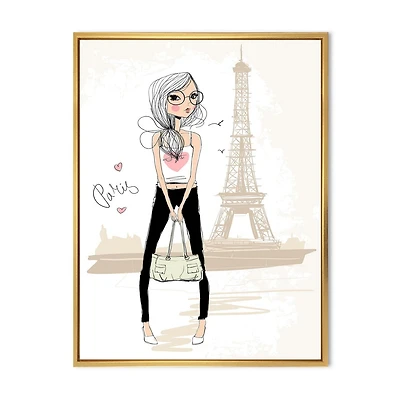 Designart Jolie fille près de la Tour Eiffel à Paris ART MURAL À CADRE FLOTTÉ