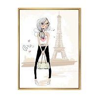 Designart Jolie fille près de la Tour Eiffel à Paris ART MURAL À CADRE FLOTTÉ