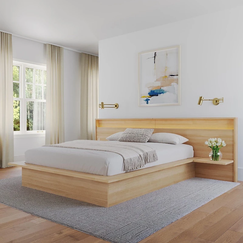 Monroe Queen Size Bedroom Set with Slatted Bedframe, Wide Headboard with Lights and Shelves