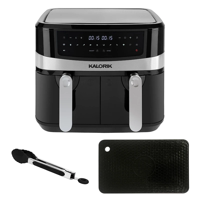 Kalorik 9.5L (10 Quart) Dual Basket Digital Air Fryer with Bonus Tongs & Silicone Pad FT 51924 BK