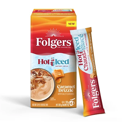 Folgers Hot Or Iced Caramel Drizzle Instant Latte 4 Sachets 120g, 4 x 30g Sachets (Total 120g)