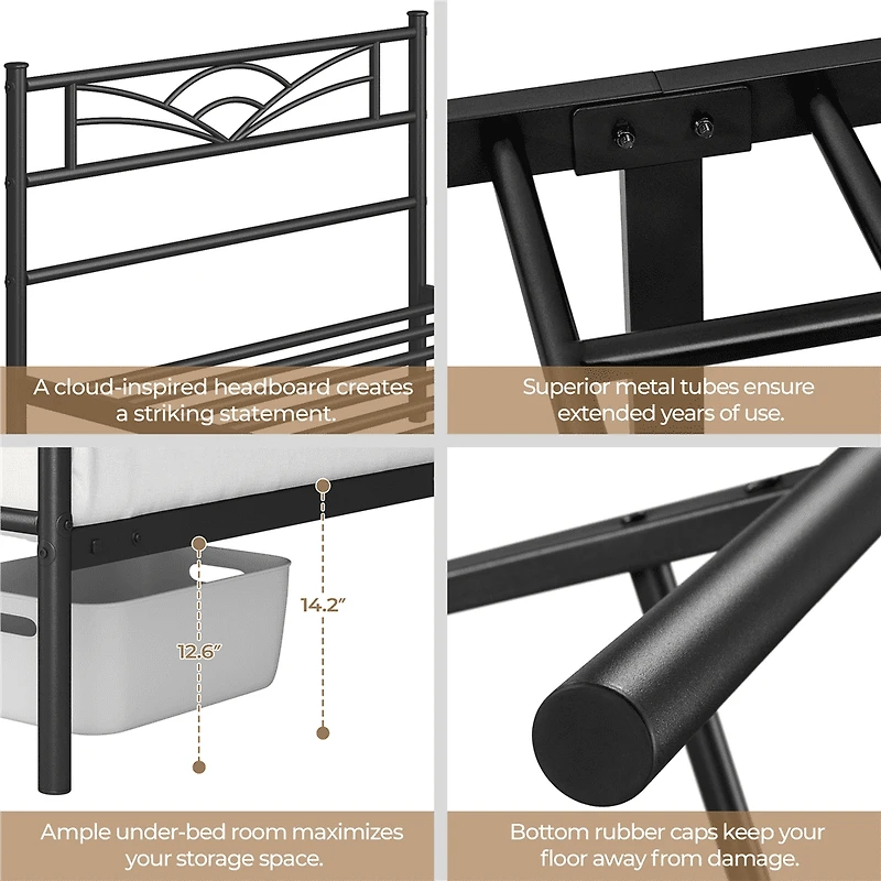 Fullfurnique Metal Platform Bed Frame with Cloud Inspired Design Headboard, Full, Black