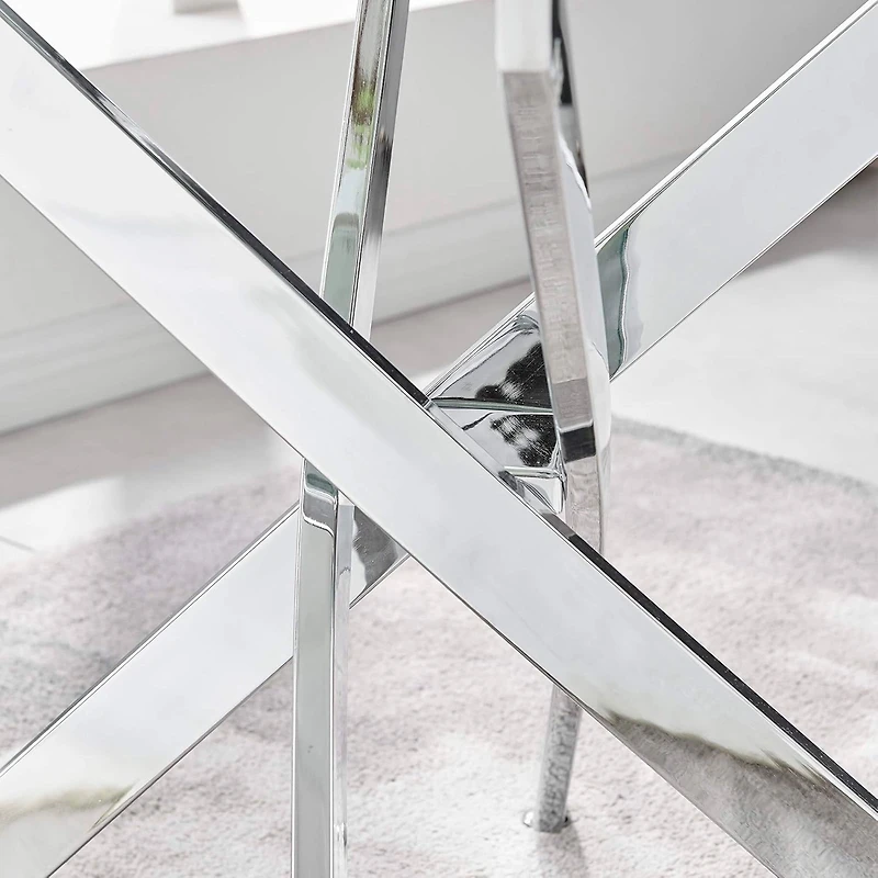 Heavenly Collection Silver Rectangular Tempered Glass Dining Table with Cross Metal Base for Dining Room or Kitchen