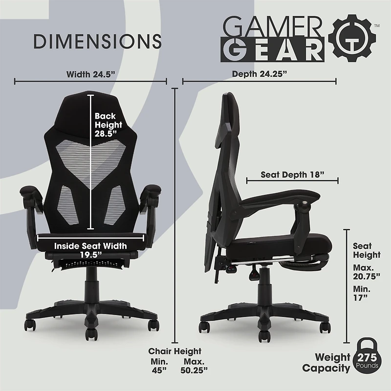 Gamer Gear - Fauteuil de bureau avec dossier réglable en mailles et repose-pieds, charge maximale de 124,7 kg (275 lb), noire