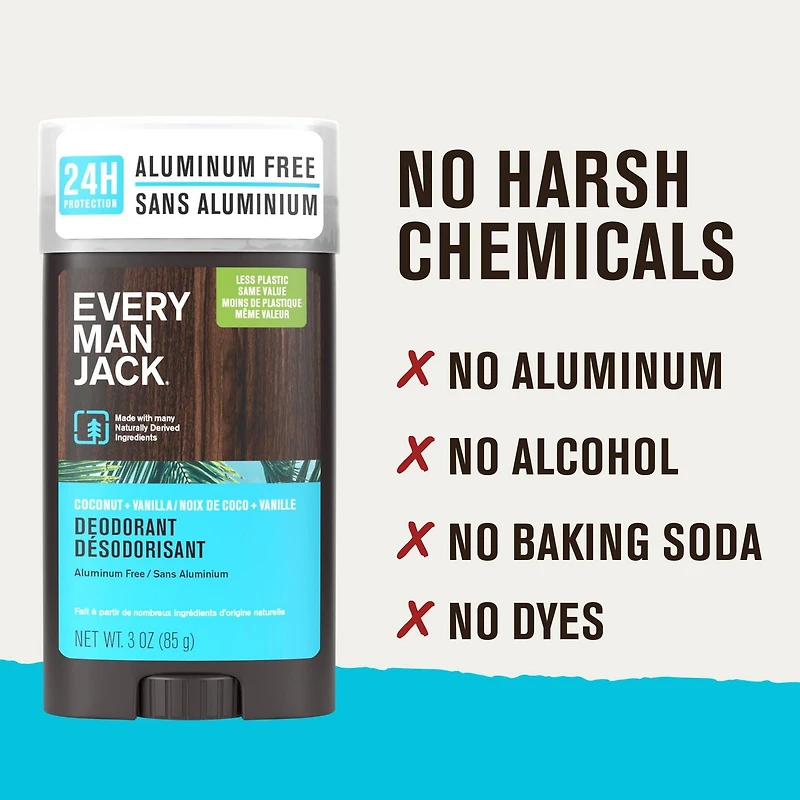 Every Man Jack Coconut + Vanilla Aluminum-Free, For All Skin Types, Long Lasting Men's Deodorant with Naturally Derived Ingredients 85G, EMJ Coco + Van Deo 85G