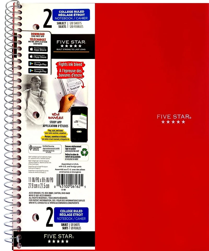 Cahier Five Star 2 sujets 240pg 11po, paquet de 12