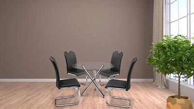 K-LIVING AMY 5PCS TABLE RONDE EN VERRE ET BASE CHROME AVEC SIÈGES EN PU NOIR