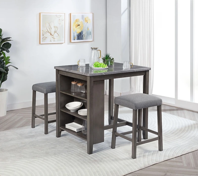 K-Living Pheony Marble Counter Height Table with Storage and & 2 Bar Stools