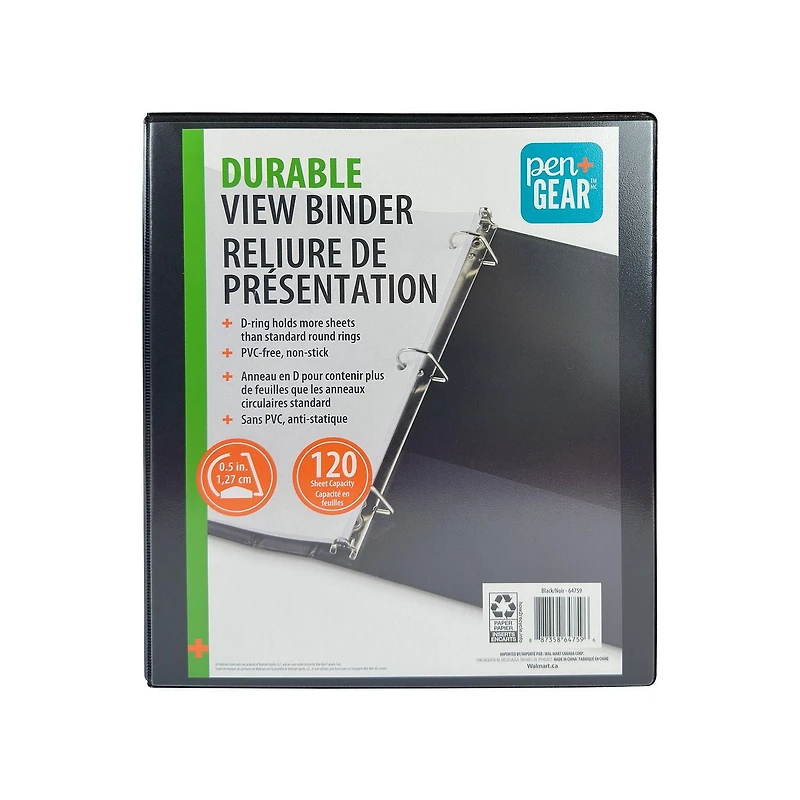 PEN+GEAR 1/2 » DURABLE VIEW BINDER, Slant D-Ring, NOIR