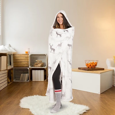 Safdie & Co. Premium Ultra Soft Flannel Hoodzy Hooded Throw Blanket with Sherpa Deer Silhouettes