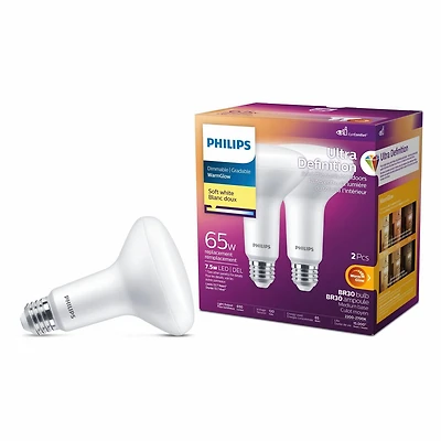 PHILIPS 7.2W (65W) BR30 Ultra High Definition Medium Base Soft White Dimmable LED Light Bulb 2 pack, LED BR30 2 pack