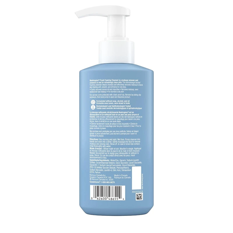 Nettoyant moussant frais pour le visage Neutrogena, Démaquillant tout-en-un pour les peaux normale à grasse, Nettoie en profondeur et élimine le maquillage hydrofuge, Sans savon 251 mL