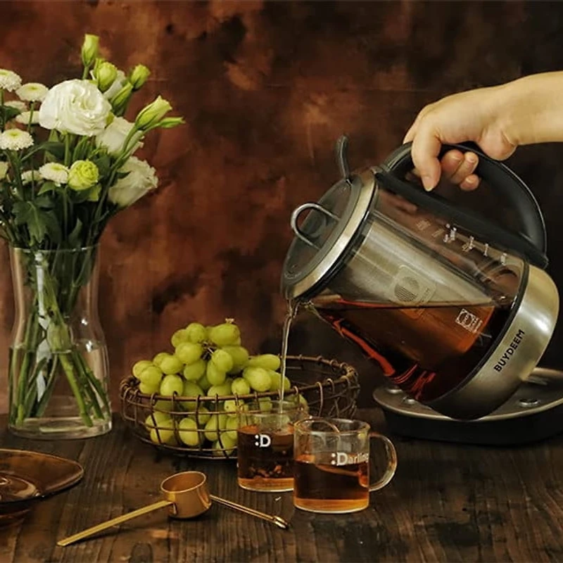 BUYDEEM K2423 Tea Maker, Durable 316 Stainless Steel & German Schott Glass Electric Kettle, Removable Infuser, Auto Keep Warm, BPA Free, 1.2L