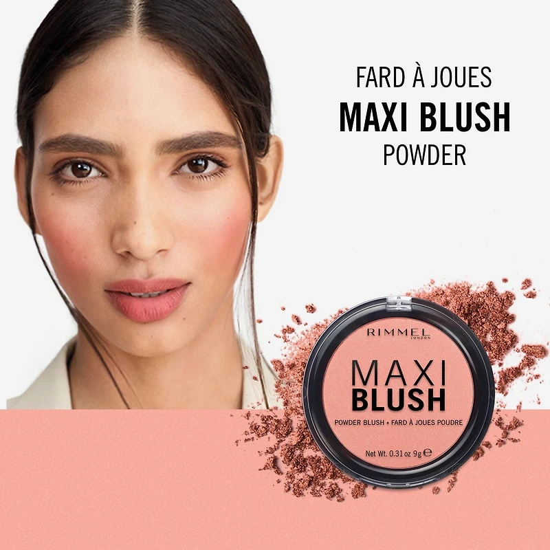 Rimmel Maxi Blush Powder, formule légère, poudres microfines hautement pigmentées, éclat captivant, 100% Sans Cruauté Fard à joues qui fait sensation