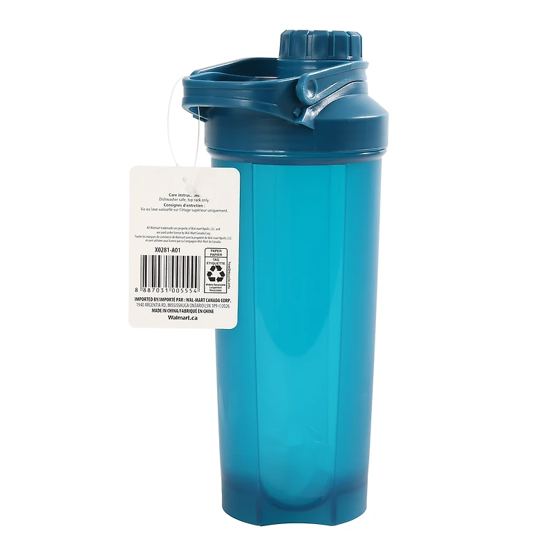 Gourde et shaker Mainstays de 710 ml, bleu, avec couvercle à visser et boule mélangeuse, Plastique