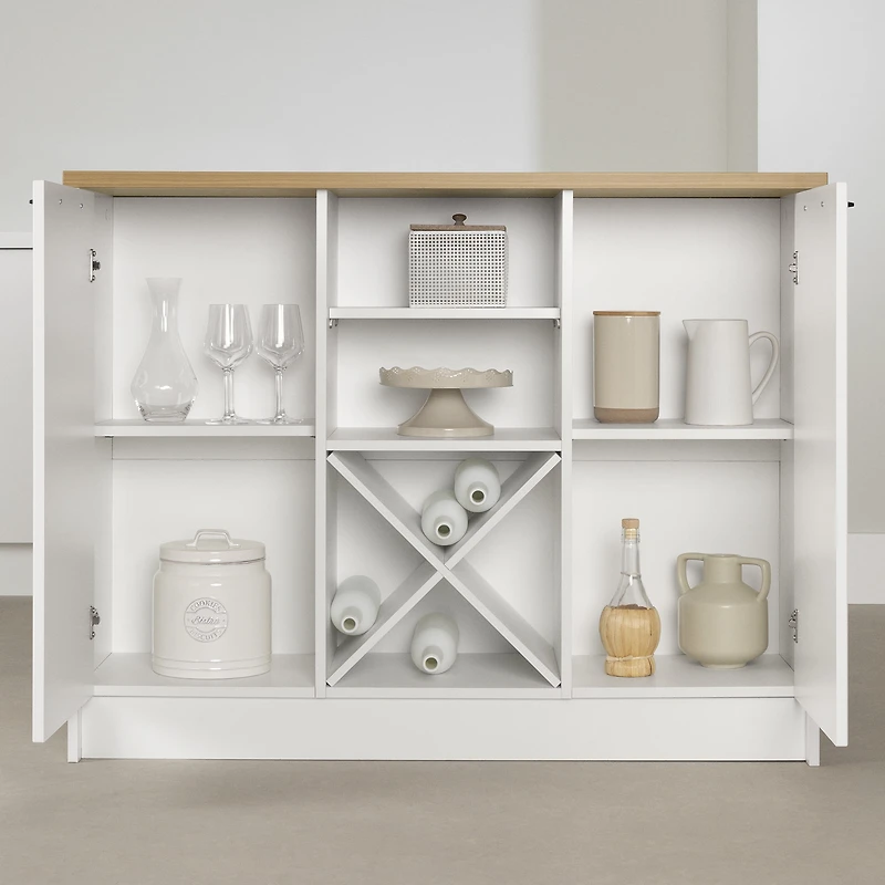 Îlot de cuisine 6 tiroirs avec portes et rangement à vin, fini Blanc et Érable noix de muscade, collection Toscano de Meubles South Shore