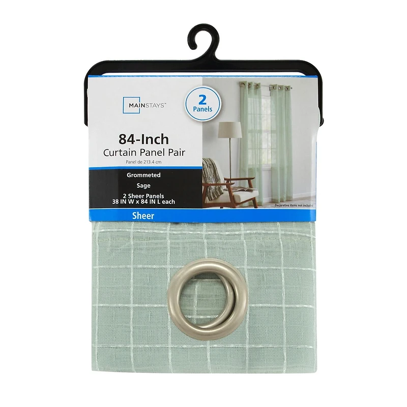 Mainstays Windowpane Sheer Curtain Panel Pair, Set of 2, White, 38" W x 84" L, 2 Set MS Sheer Curtain Panel