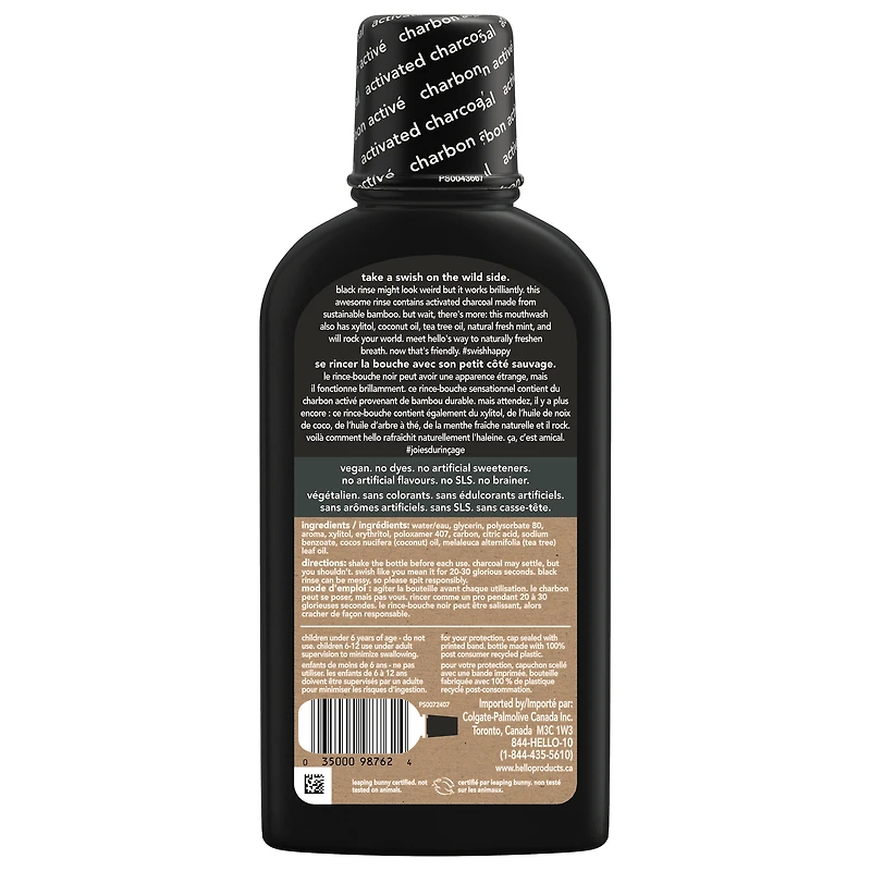 hello Alcohol Free Activated Charcoal Mouthwash, Natural Fresh Mint, 473 mL