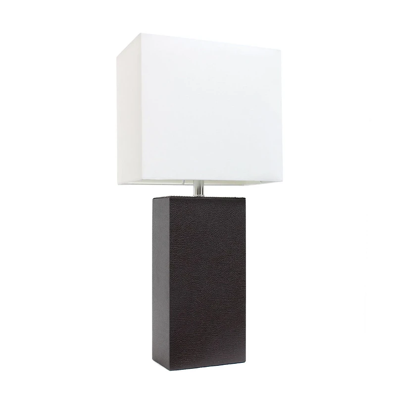Conceptions Elégantes Lampe de table moderne en cuir avec abat-jour en tissu blanc, brun espresso