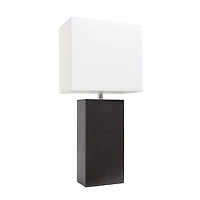 Conceptions Elégantes Lampe de table moderne en cuir avec abat-jour en tissu blanc, brun espresso