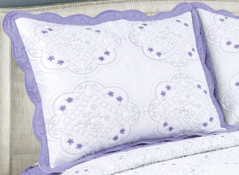 Couvre-lit Marina Decoration brodée, ensemble de literie d'été ultra doux et uni avec taie d'oreiller matelassée, motif floral violet