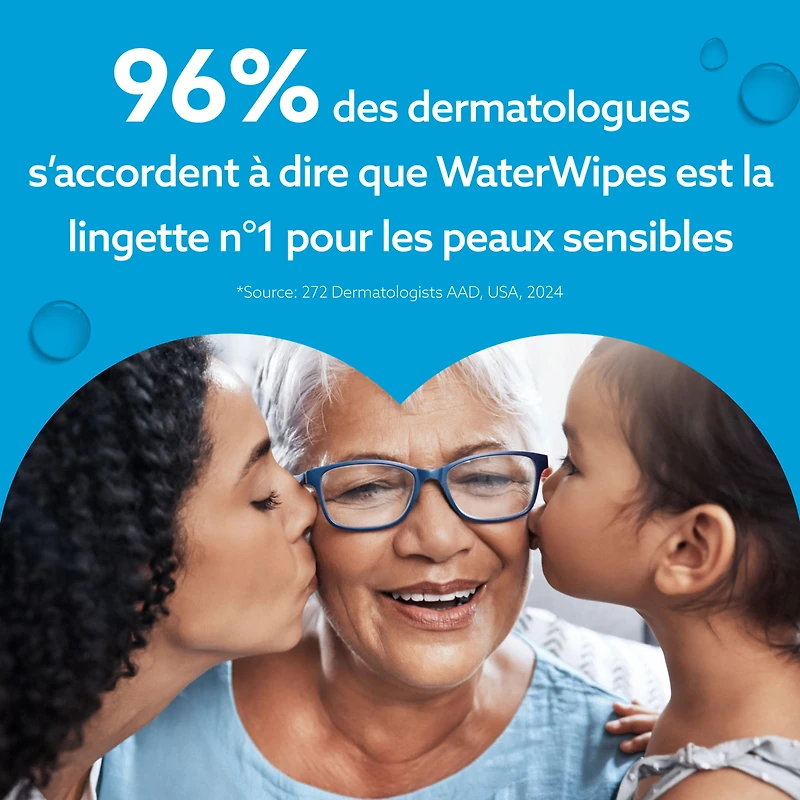 WaterWipes Sensitive+ Gentle Clean Wipes, 3-en-1 nettoie, soigne, protège, 99,9 % d'eau, non parfumées