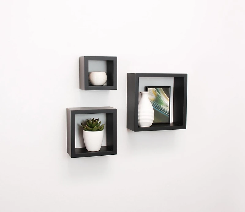 Ens. étagères hometrends cubes muraux en noir Tailles 5 x 5 x 3¾ po, 7 x 7 x 3¾ po, 9 x 9 x 3¾ po