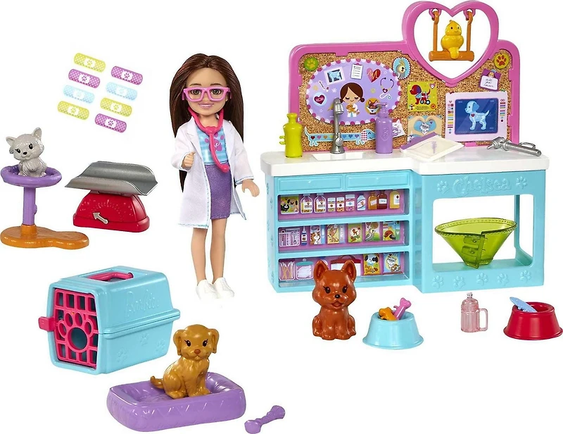 Barbie Chelsea Pet Vet Doll (Brunette) & Playset, 4 Animals, 18 Accessories, Ages 3+